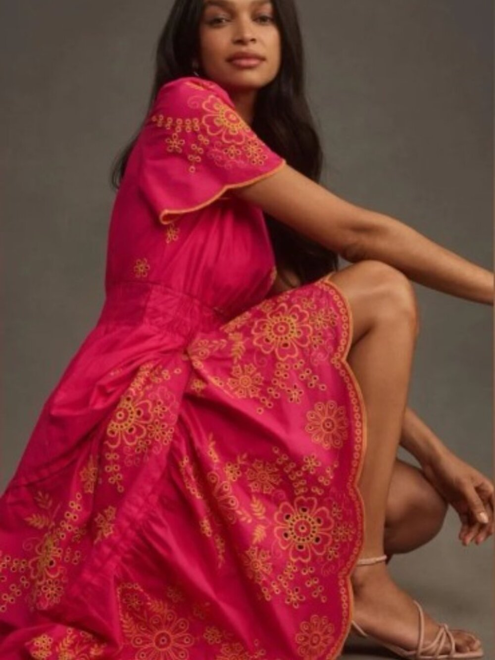 Anthropologie Pink & Orange Somerset Embroidered Eyelet Edition Maxi Dress XS